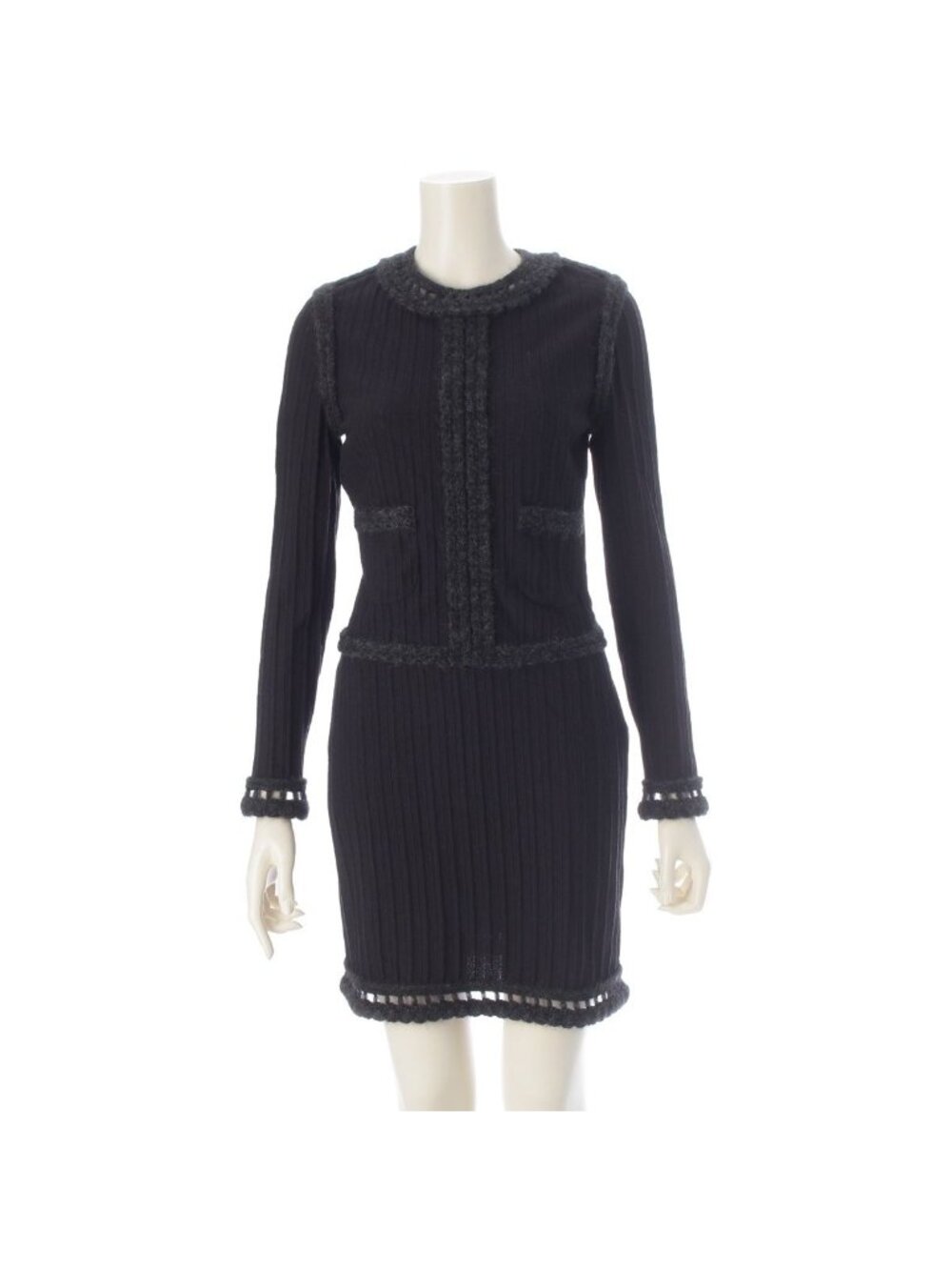 Chanel Mohair Blend Wool Nylon Trim Metal Coco Buttons Long Sleeve Dress Black